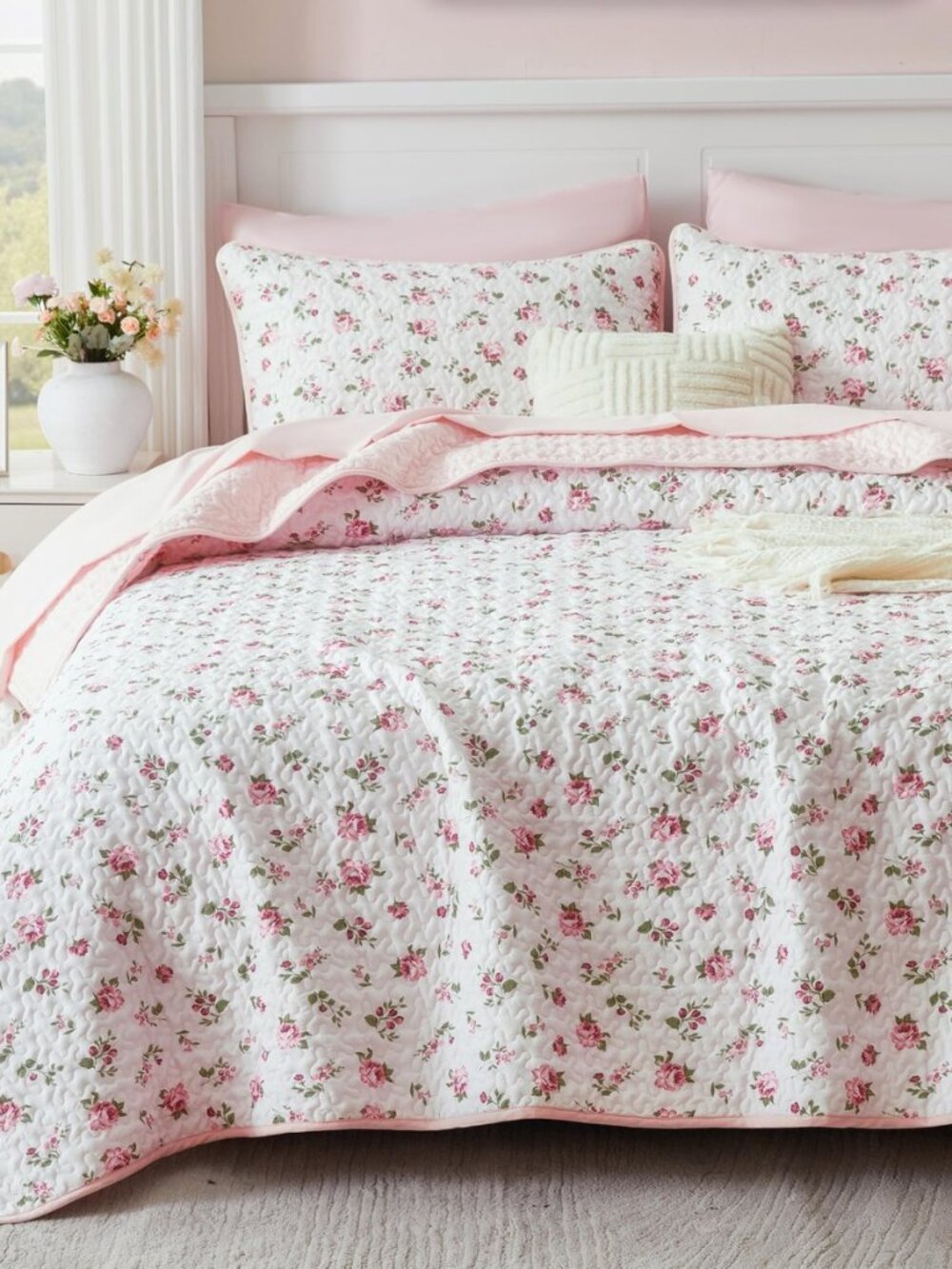 Queen/Full Size Pink Floral Quilt Set Boho Shabby Chic Flower Bedspread Set